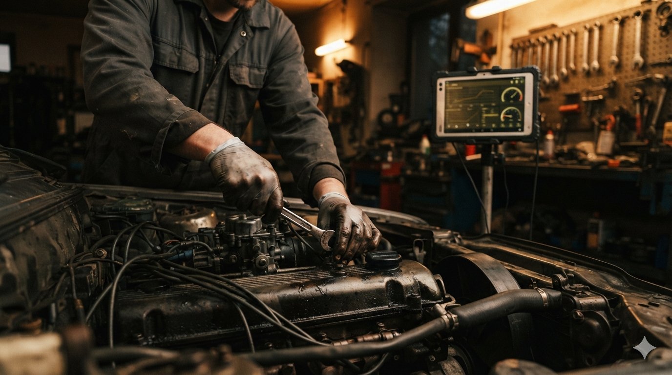 Manos de un mecánico trabajando en un motor mientras de fondo se ve una pantalla con una interfaz digital